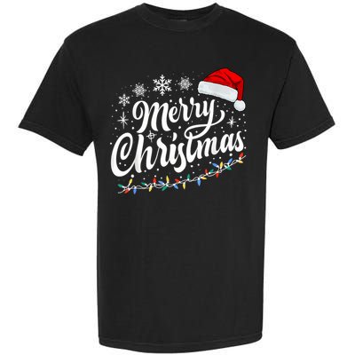 Merry Christmas Lights Red Santa Hat Xmas Family Women Garment-Dyed Heavyweight T-Shirt