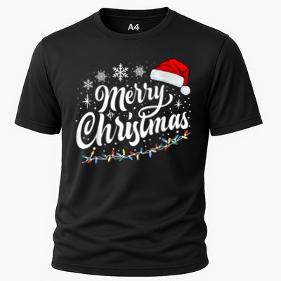 Merry Christmas Lights Red Santa Hat Xmas Family Women Cooling Performance Crew T-Shirt