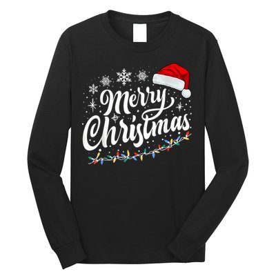 Merry Christmas Lights Red Santa Hat Xmas Family Women Long Sleeve Shirt