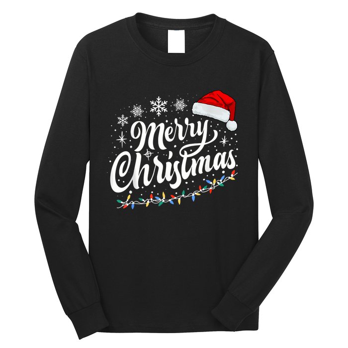 Merry Christmas Lights Red Santa Hat Xmas Family Women Long Sleeve Shirt