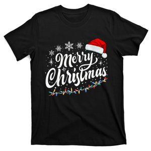 Merry Christmas Lights Red Santa Hat Xmas Family Women T-Shirt