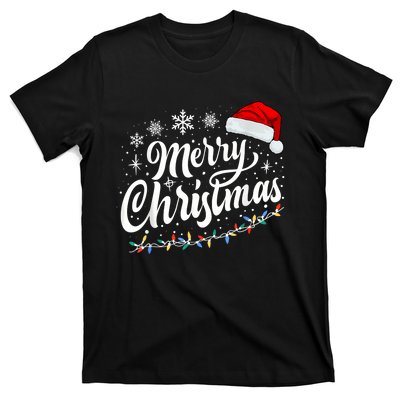 Merry Christmas Lights Red Santa Hat Xmas Family Women T-Shirt