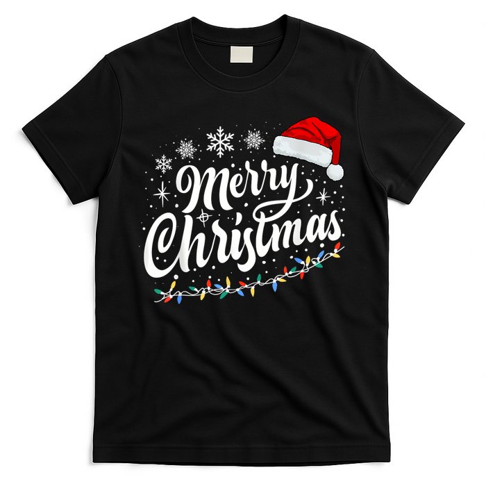 Merry Christmas Lights Red Santa Hat Xmas Family Women T-Shirt