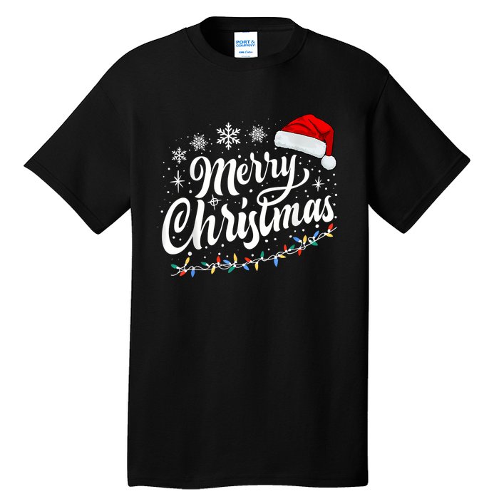 Merry Christmas Lights Red Santa Hat Xmas Family Women Tall T-Shirt