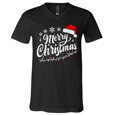 Merry Christmas Lights Red Santa Hat Xmas Family Women V-Neck T-Shirt