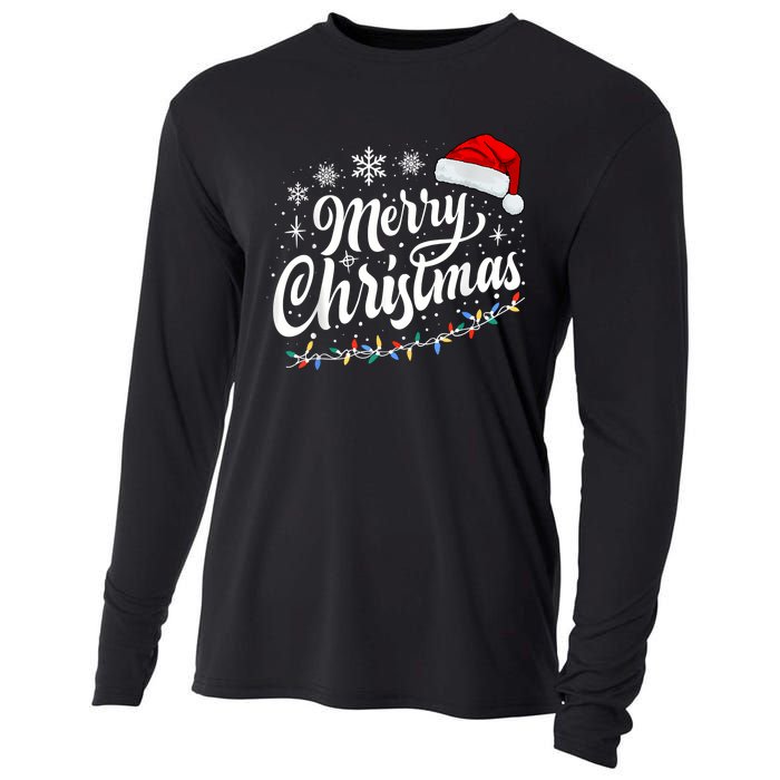 Merry Christmas Lights Red Santa Hat Xmas Family Women Cooling Performance Long Sleeve Crew