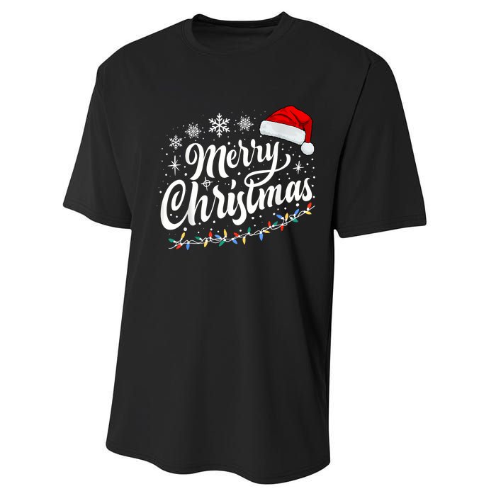 Merry Christmas Lights Red Santa Hat Xmas Family Women Performance Sprint T-Shirt