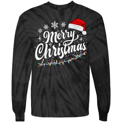 Merry Christmas Lights Red Santa Hat Xmas Family Women Tie-Dye Long Sleeve Shirt