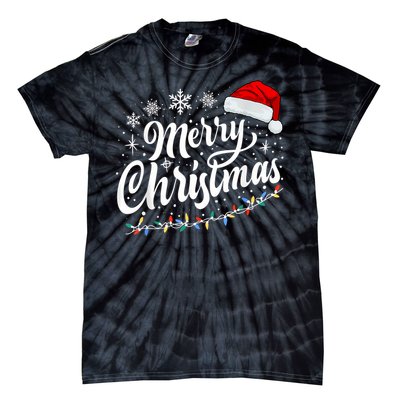 Merry Christmas Lights Red Santa Hat Xmas Family Women Tie-Dye T-Shirt