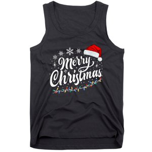 Merry Christmas Lights Red Santa Hat Xmas Family Women Tank Top