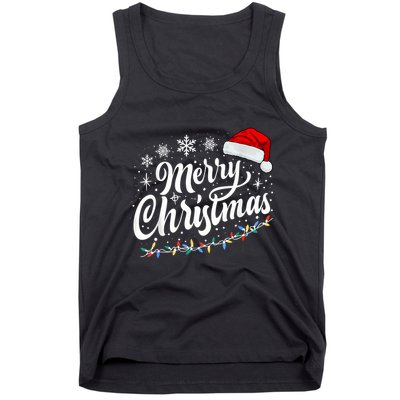 Merry Christmas Lights Red Santa Hat Xmas Family Women Tank Top