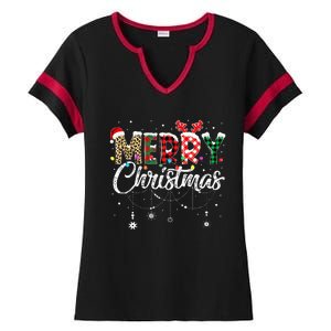 Merry Christmas Leopard Buffalo Red Plaid Santa Family  Ladies Halftime Notch Neck Tee