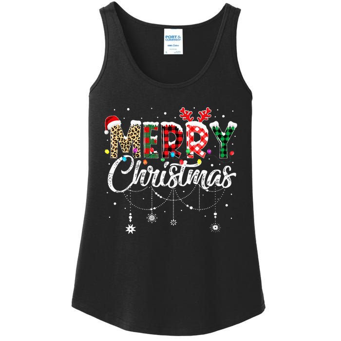 Merry Christmas Leopard Buffalo Red Plaid Santa Family  Ladies Essential Tank