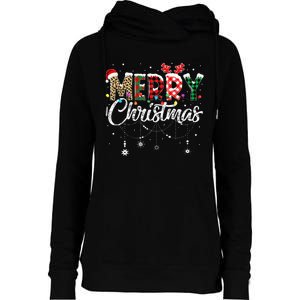 Merry Christmas Leopard Buffalo Red Plaid Santa Family  Womens Funnel Neck Pullover Hood