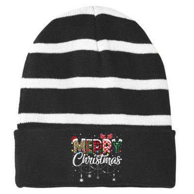 Merry Christmas Leopard Buffalo Red Plaid Santa Family  Striped Beanie with Solid Band