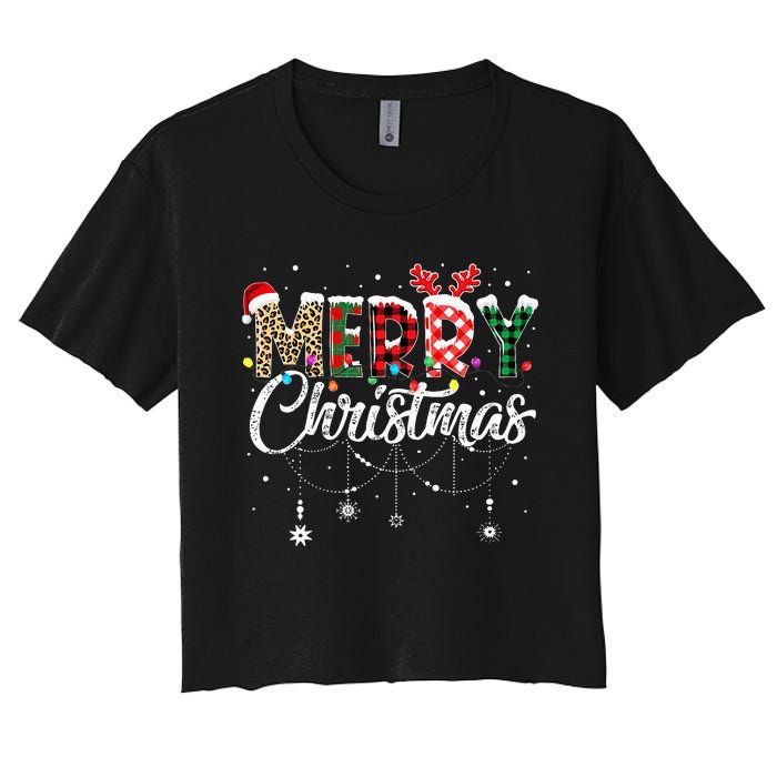 Merry Christmas Leopard Buffalo Red Plaid Santa Family  Women's Crop Top Tee