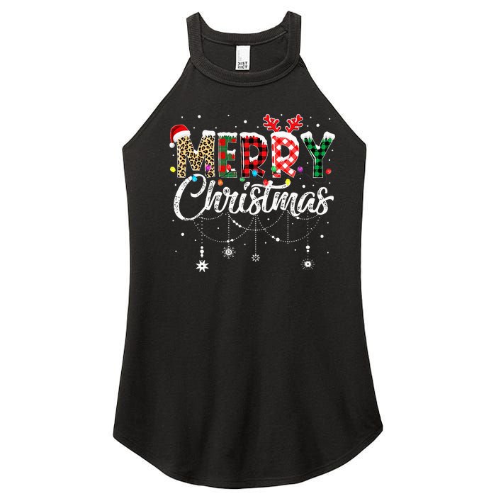 Merry Christmas Leopard Buffalo Red Plaid Santa Family  Women's Perfect Tri Rocker Tank