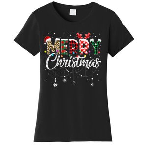 Merry Christmas Leopard Buffalo Red Plaid Santa Family  Women's T-Shirt