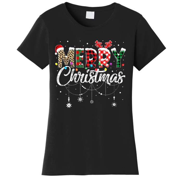 Merry Christmas Leopard Buffalo Red Plaid Santa Family  Women's T-Shirt