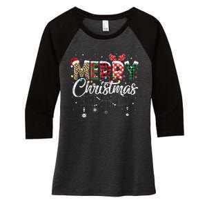 Merry Christmas Leopard Buffalo Red Plaid Santa Family  Women's Tri-Blend 3/4-Sleeve Raglan Shirt