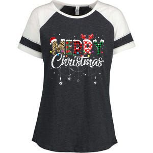 Merry Christmas Leopard Buffalo Red Plaid Santa Family  Enza Ladies Jersey Colorblock Tee