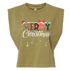 Merry Christmas Leopard Buffalo Red Plaid Santa Family  Garment-Dyed Women's Muscle Tee