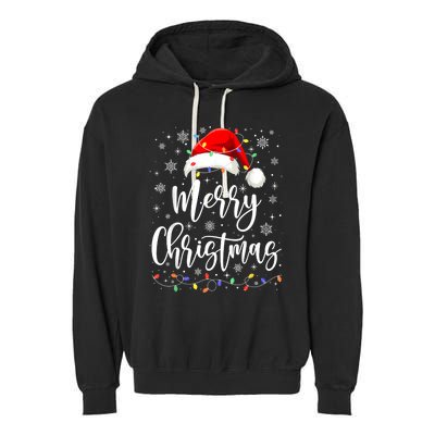 Merry Christmas Lights Red Santa Hat Xmas Family Women Garment-Dyed Fleece Hoodie