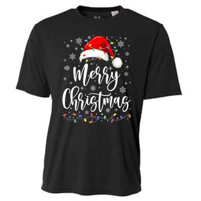 Merry Christmas Lights Red Santa Hat Xmas Family Women Cooling Performance Crew T-Shirt