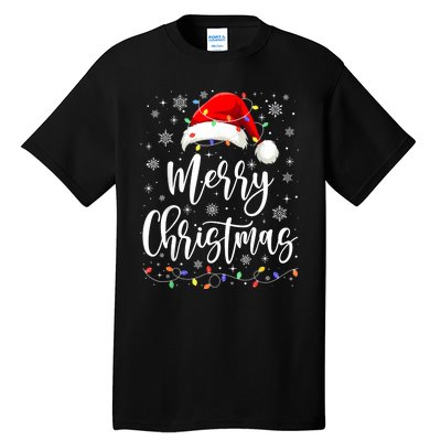 Merry Christmas Lights Red Santa Hat Xmas Family Women Tall T-Shirt