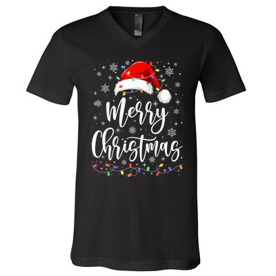 Merry Christmas Lights Red Santa Hat Xmas Family Women V-Neck T-Shirt