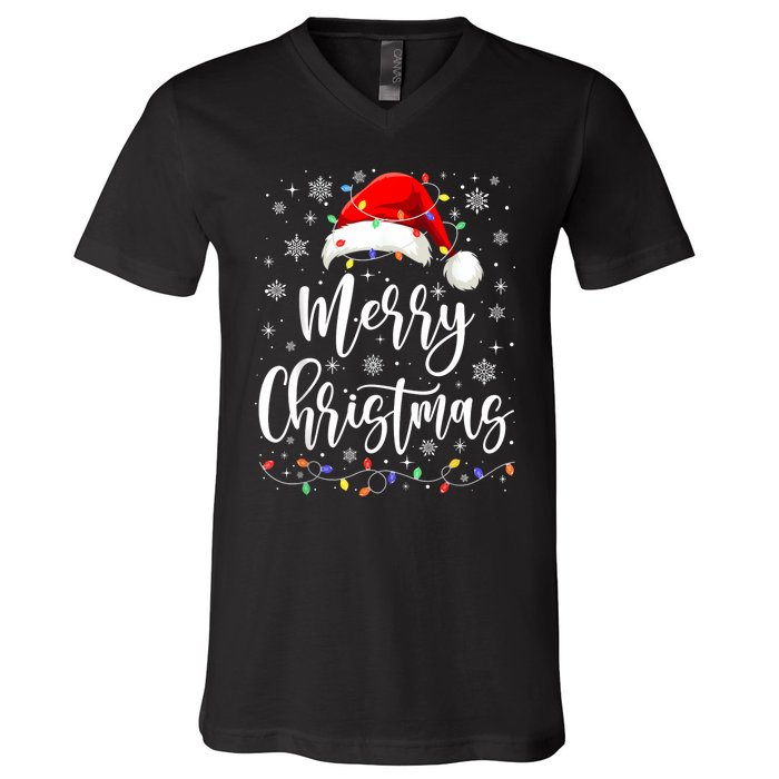 Merry Christmas Lights Red Santa Hat Xmas Family Women V-Neck T-Shirt