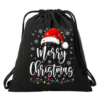 Merry Christmas Lights Red Santa Hat Xmas Family Women Drawstring Bag