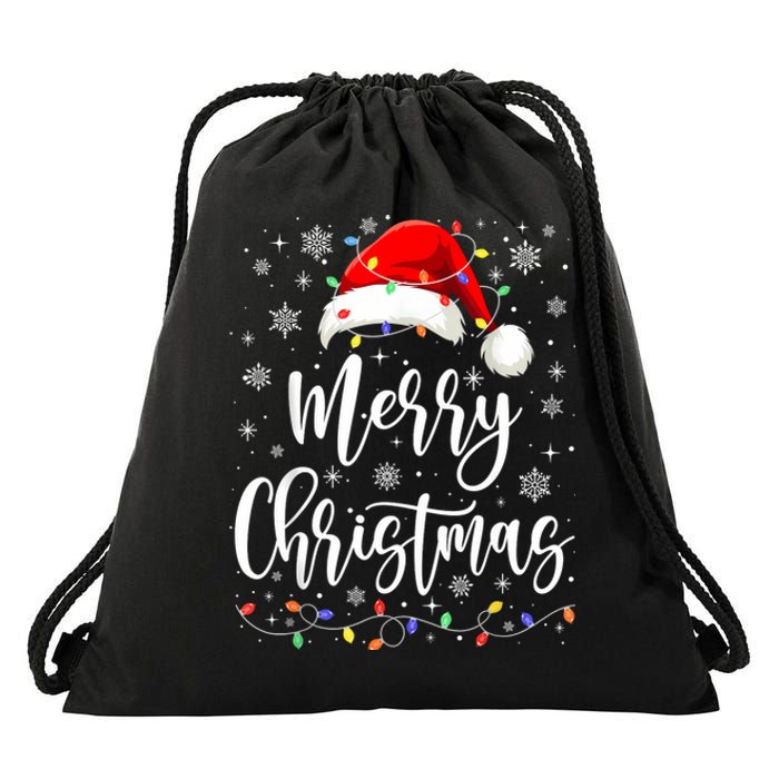 Merry Christmas Lights Red Santa Hat Xmas Family Women Drawstring Bag