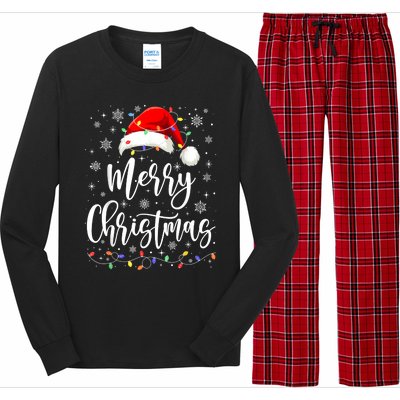 Merry Christmas Lights Red Santa Hat Xmas Family Women Long Sleeve Pajama Set