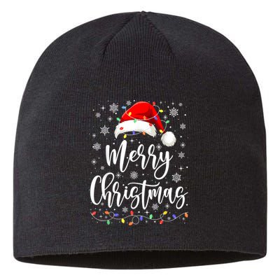 Merry Christmas Lights Red Santa Hat Xmas Family Women Sustainable Beanie