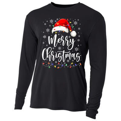 Merry Christmas Lights Red Santa Hat Xmas Family Women Cooling Performance Long Sleeve Crew