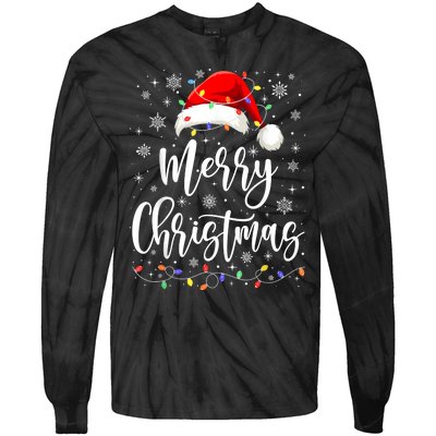 Merry Christmas Lights Red Santa Hat Xmas Family Women Tie-Dye Long Sleeve Shirt