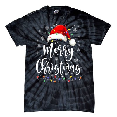 Merry Christmas Lights Red Santa Hat Xmas Family Women Tie-Dye T-Shirt