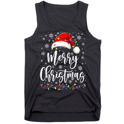 Merry Christmas Lights Red Santa Hat Xmas Family Women Tank Top