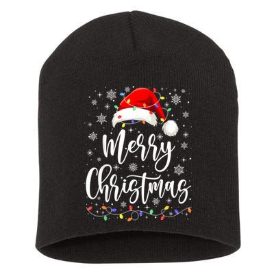 Merry Christmas Lights Red Santa Hat Xmas Family Women Short Acrylic Beanie