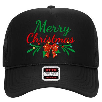 Merry Christmas Lights Red Santa Hat Xmas Family Women High Crown Mesh Back Trucker Hat