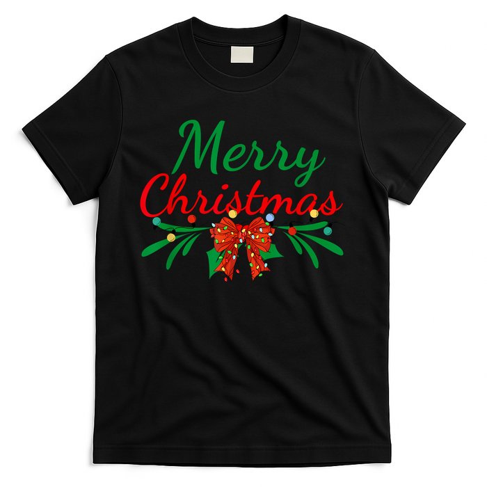 Merry Christmas Lights Red Santa Hat Xmas Family Women T-Shirt