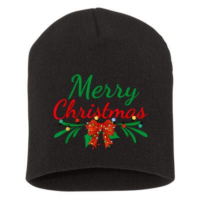 Merry Christmas Lights Red Santa Hat Xmas Family Women Short Acrylic Beanie