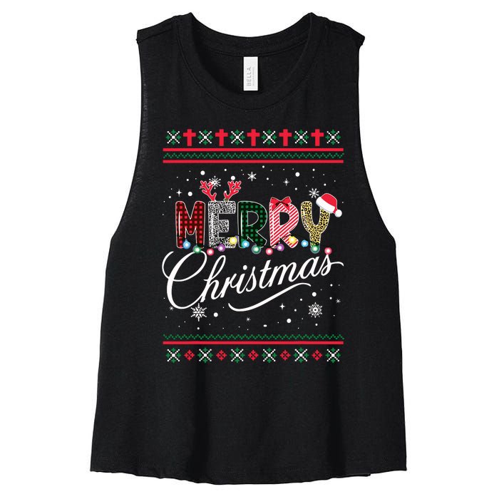 Merry Christmas Leopard Buffalo Red Plaid For Women Women's Racerback Cropped Tank