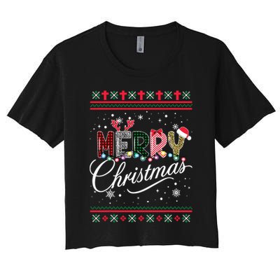 Merry Christmas Leopard Buffalo Red Plaid For Women Women's Crop Top Tee