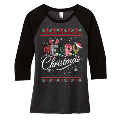 Merry Christmas Leopard Buffalo Red Plaid For Women Women's Tri-Blend 3/4-Sleeve Raglan Shirt