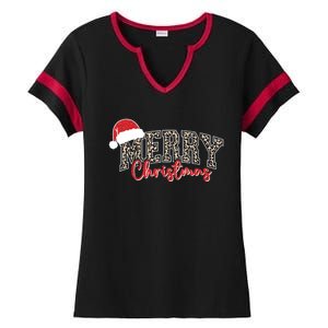 Merry Christmas Leopard Merry Christmas Varsity With Santa Hat Ladies Halftime Notch Neck Tee