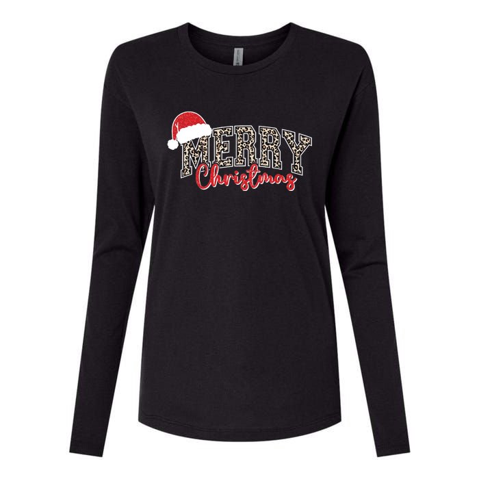 Merry Christmas Leopard Merry Christmas Varsity With Santa Hat Womens Cotton Relaxed Long Sleeve T-Shirt