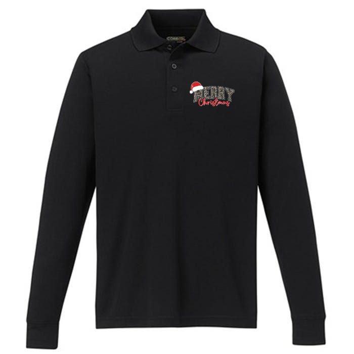 Merry Christmas Leopard Merry Christmas Varsity With Santa Hat Performance Long Sleeve Polo