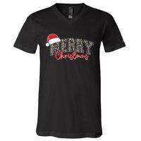 Merry Christmas Leopard Merry Christmas Varsity With Santa Hat V-Neck T-Shirt